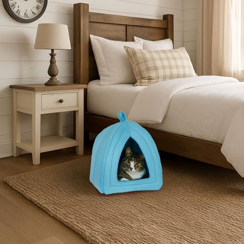 Cat House Indoor Bed with Removable Foam Cushion (Blue)