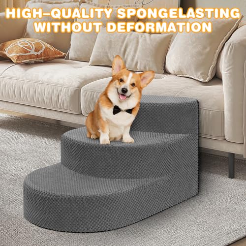 Dog Stairs 3 Steps Foam Pet Ramp for Small Dogs Cats (Gray-3-Step)