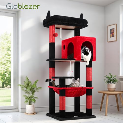 Gothic Cat Tree Tower with Scratching Post for Indoor Cats (Red Black / L)