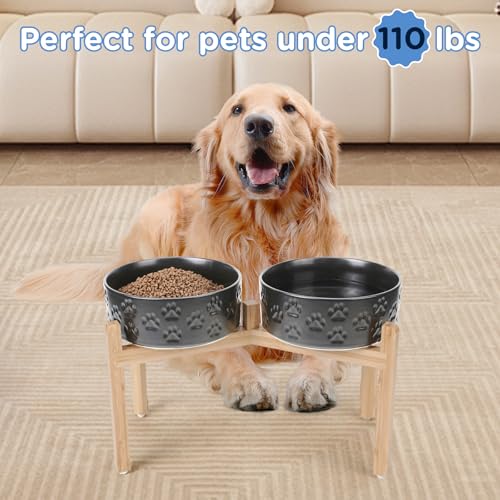 Elevated Dog Bowls Ceramic (8.3 in - 7.6 cups / Paw Black)