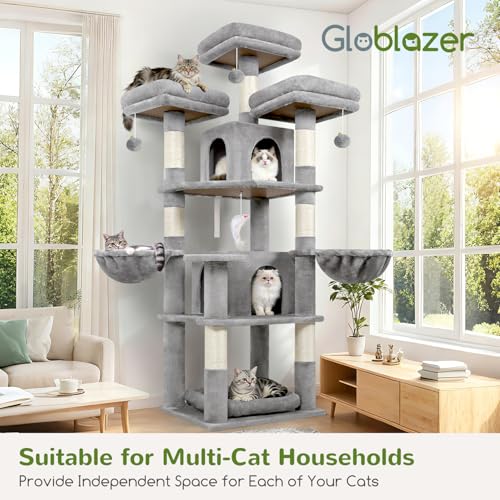 Big XL Cat Tower for Indoor Multiple Cats (Light Grey / 68 inch)