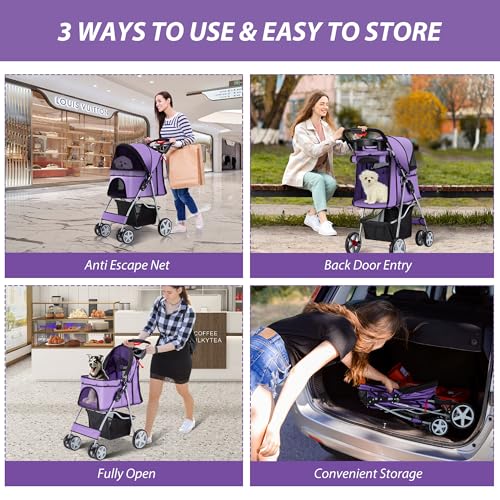 Foldable 4 Wheel Pet Stroller for Dogs Cats 10 (Purple)