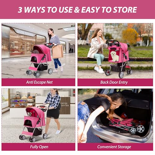 Foldable 4 Wheel Pet Stroller for Dogs Cats 10 (Pink)