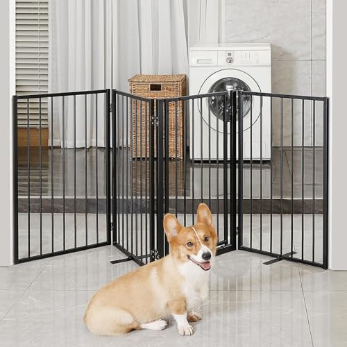 Metal Freestanding Dog Gates with Door for Outdoor Indoor (Black / 【4 Panels with Door】 36''H*80''W)