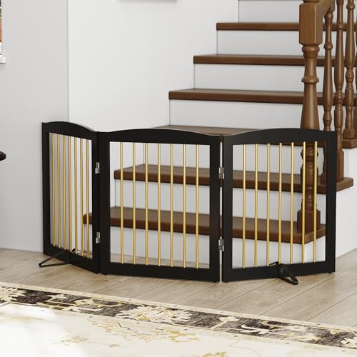Freestanding Pet Gate for Dogs (24" Height-3 Panel / Black & Gold)