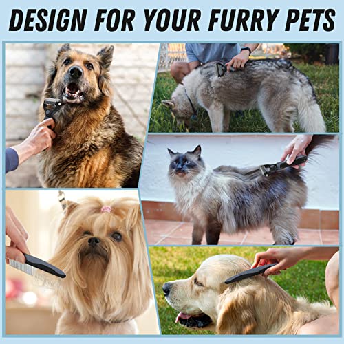 Pet Grooming Brush and Metal Comb Combo for Dogs & Cats (Gray)