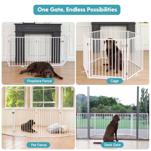 Freestanding Dog Gate with Door for Indoor & Outdoor (White / 【4 Panels with Door】104"W×30"H)