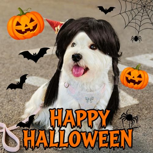 Dog Costume Long Black BraidHair with Small Red Wizard Hat Styling CuteFunny Pet Hair Accessories Decoration forHalloween (braid)