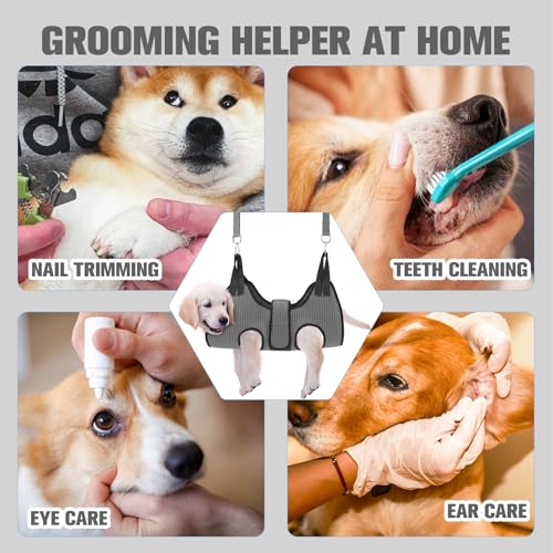 Dog Grooming Hammock Harness for Dogs & Cats with Pet Nail Clipper Trimmer (M / Grey)