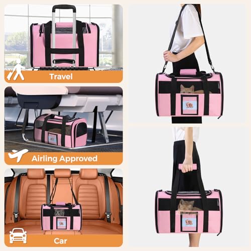 Cat Carrier Soft with Detachable Food Bowl (Pink / 17.0"L x 12.0"W x 11.0"H)