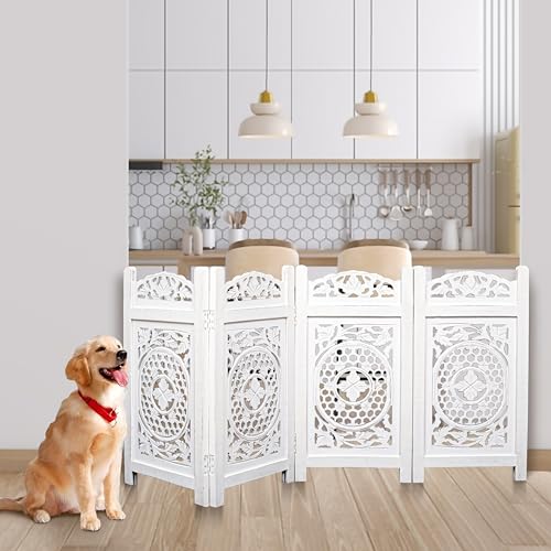 4 Panel Freestanding Dog Gate 56W x 28H Foldable Wooden Pet Gate White (White / 56"x28" Mulsory 4 Panels)
