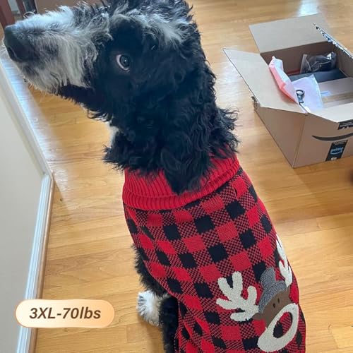Dog Christmas Sweater for Large Dogs with Red Buffalo Plaid Reindeer (3XL (60-80lbs) / Christmas)