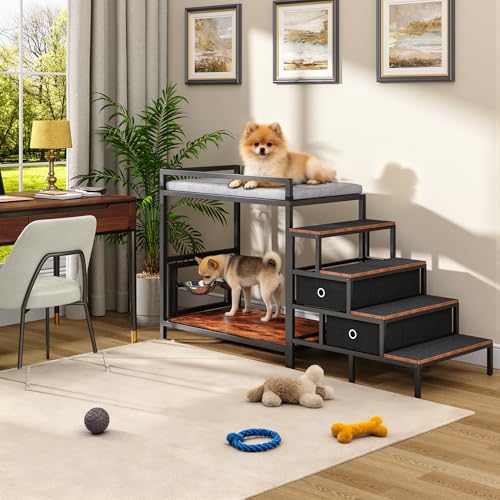 Dog Window Perch with 360° & Adjustable Raised Feeder (Brown)