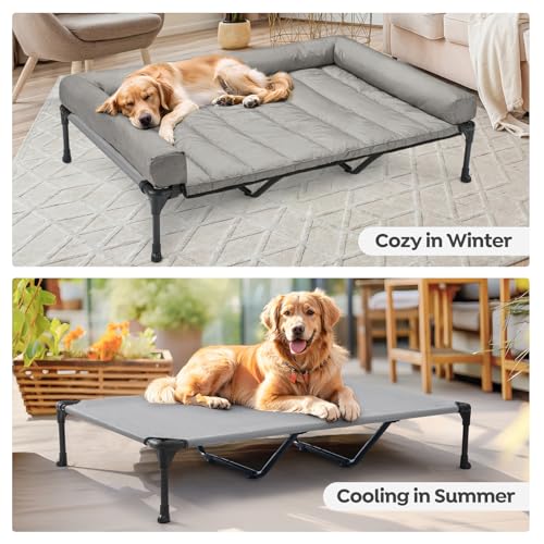 Outdoor Elevated Dog Bed with Waterproof Bolster Cushion (Light Grey / 59.0"L x 37.5"W x 9.0"Th)