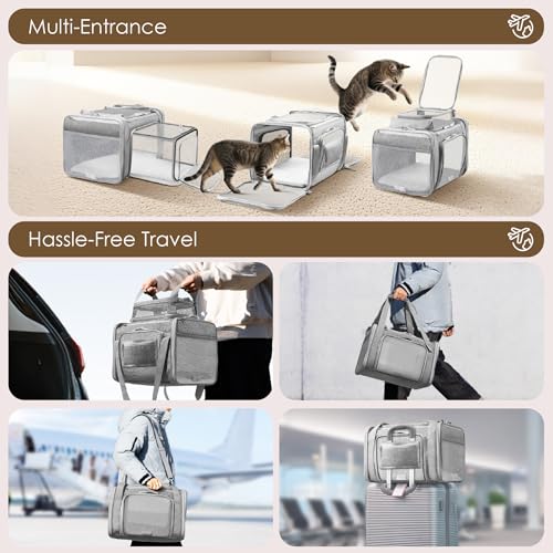 Top and 2 Sides Expandable Cat Carrier 18x11x11 TSA Airline Approved (Grey / 18.0"L x 11.0"W x 11.0"H)