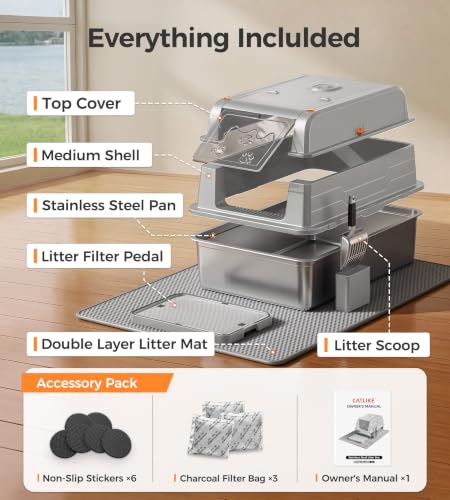 Upgrade XXXL Stainless Steel Cat Litter Box 3 (Silver Light Grey / Real XXXL Size: Up to 152L)