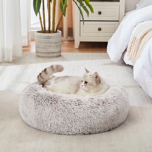 Western Home Calming Donut Cat Bed Small Dog Bed Washable (White Khaki / 20.0"l x 20.0"w x 6.0"th)