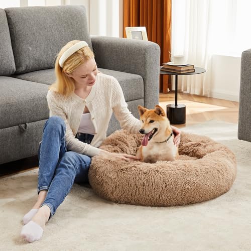 30.7 Inch Large Donut Dog Bed for Indoor Use (Brown / 30.7"x30.7"x6.3")