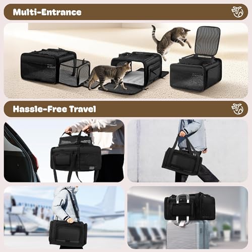 Top and 2 Sides Expandable Cat Carrier 18x13.5x9.5 TSA Airline Approved (Black / 18.0"L x 13.5"W x 9.5"H)