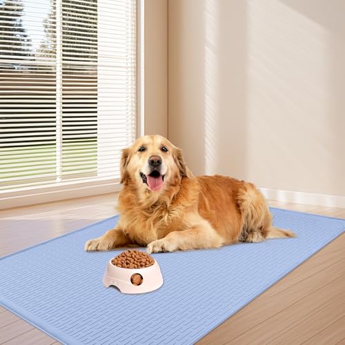 Dog Food Mat 34''x22'' Extra Large Dog Mat for Food and Water (34"L x 22"W / Blue)