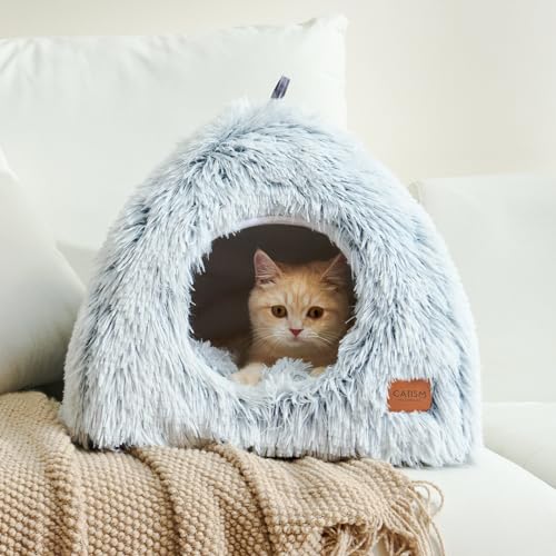 Cat Beds for Indoor Cats 2 in 1 Cat Bed Cave Machine Washable Fluffy Cat Cave Bed Foldable Non (Gray / L(17.7 x 17.7 x 17.7 Inch))