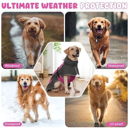 Dog Raincoat Waterproof Dog Coat with Polar Fleece Lining (Pink / Large)