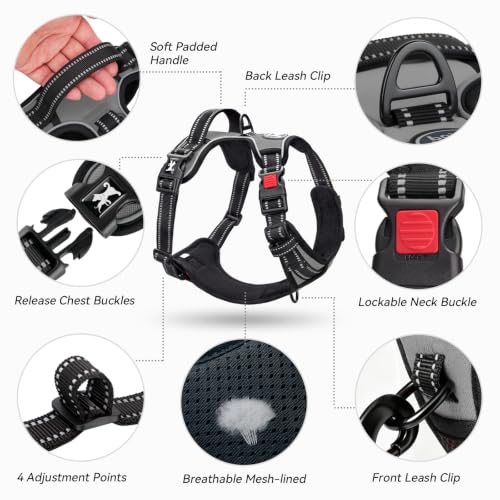 No Pull Dog Harness Large with Front Clip & Neck Release Buckle (Large / Grey)