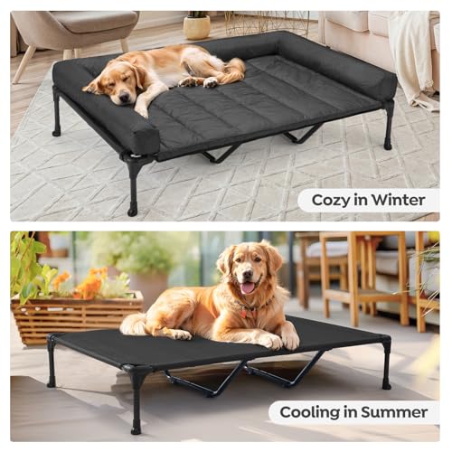 Outdoor Elevated Dog Bed with Waterproof Bolster Cushion (Black / 59.0"L x 37.5"W x 9.0"Th)