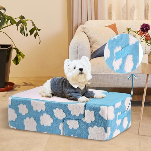 Pet Stairs for Small Dog Stairs for Sofa and Bed High Density Foam Stairs Pet Ladder with Removable Washable Cover Non (4 Steps Blue)