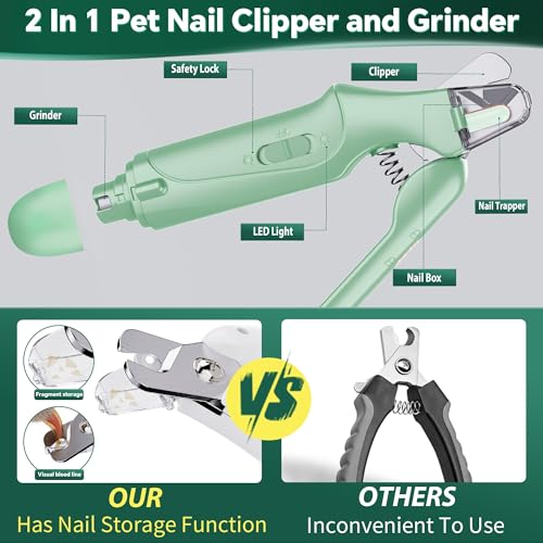 2 in 1 Dog Nail Clippers & Cat Nail Clippers Trimmers for Large Medium Small Dogs Cats Claw Trimmer Quick Sensor and Safety Guard USB Rechargeable Dogs Nail Trimmer with Catcher & 2 LED Lights (Green)