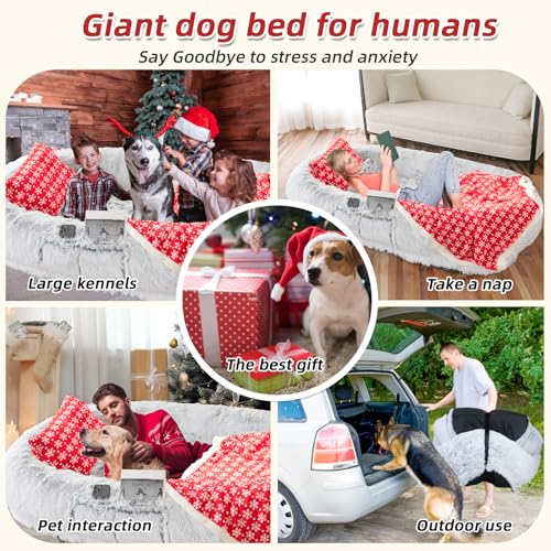 Human Dog Bed (71.0"L x 45.0"W x 12.0"Th / Grey-Christmas)