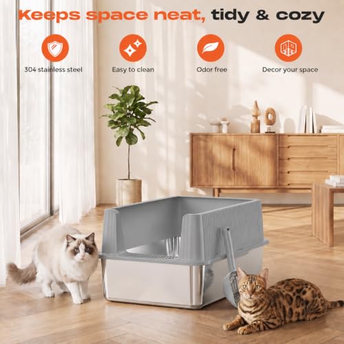 XL Stainless Steel Cat Litter Box with Lid (Light Gray)