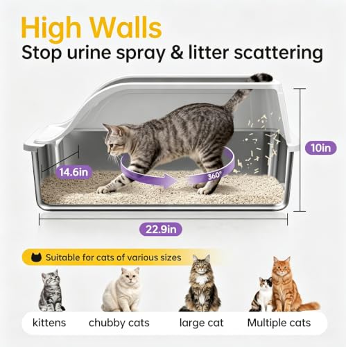 High Sided Stainless Steel XL Cat Litter Box for Cats (Grey XL 2 pack)