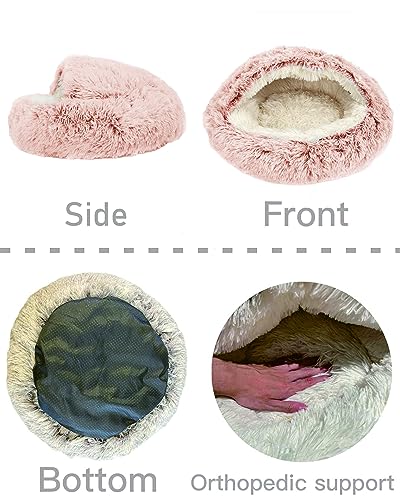 Cozy Cat Bed Round Plush Fluffy Hooded Cave (23.0"L x 23.0"W x 6.0"Th / pink)