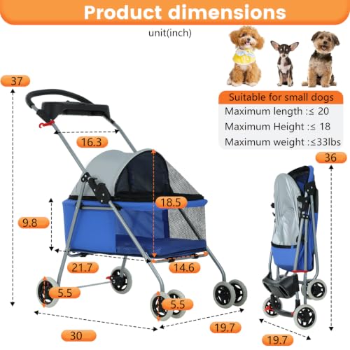 Foldable Pet Stroller for Small (Royal Blue)