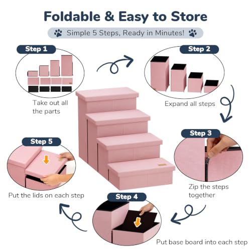 4 Step Wide Dog Stairs with Storage 23" H (Pink / 40"D x 17"W x 23"H)