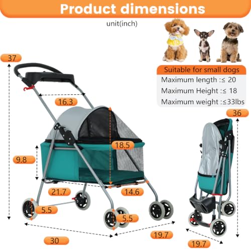 Foldable Pet Stroller for Small (Teal)
