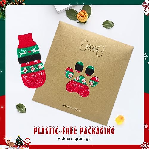 Christmas Dog Socks to Prevent Licking Paws for Cold Pavement (Christmas Red & Green / S(Pack of 4))