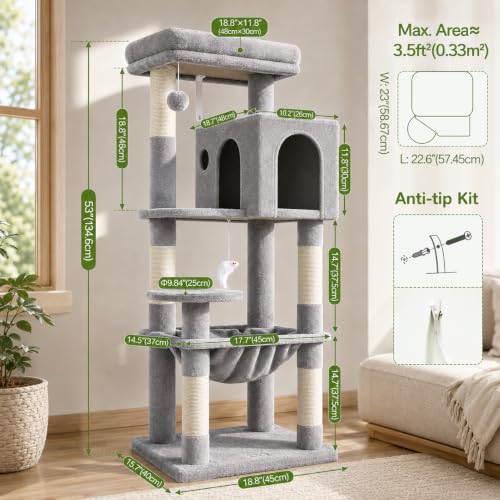 Cat Tree Tower with Scratching Post for Indoor Cats (Light Grey / L)