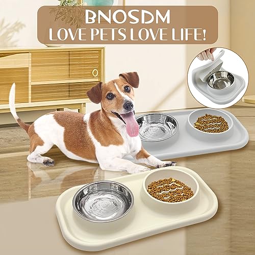 Dog Bowls Set with Feeding Mat Double Puppy Food and Water Bowl Grey (Grey)