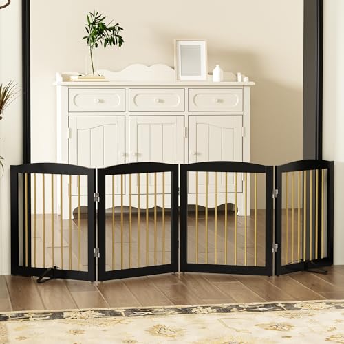 Freestanding Pet Gate for Dogs (24" Height-4 Panel / Black & Gold)