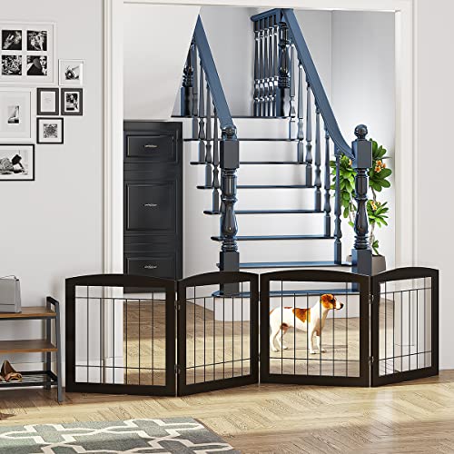 Free Standing Dog Gates for Doorway (Espresso / 【4 Panels】80"W x 24"H)