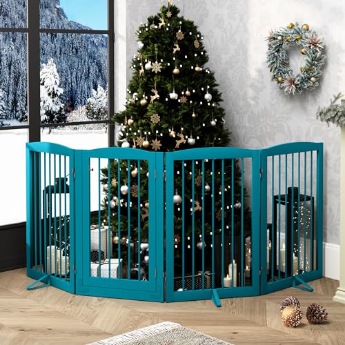 Freestanding Dog Gates with Door Walk Through (4 Panel 32" / Blue)