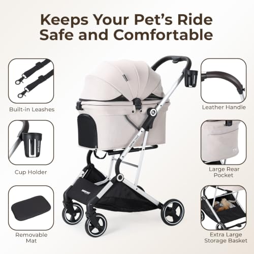 Beberoad T4 Pet Stroller for Small Medium Dogs & 2 Cats Foldable (Beige)