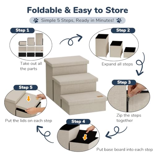 3 Step Wide Dog Stairs with Hidden Storage 18" H (Beige / 30"D x 17"W x 17.7"H)