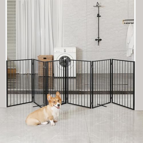 Metal Freestanding Dog Gates with Door for Outdoor Indoor (Black / 【6 Panels with Door】 36''H*120''W)