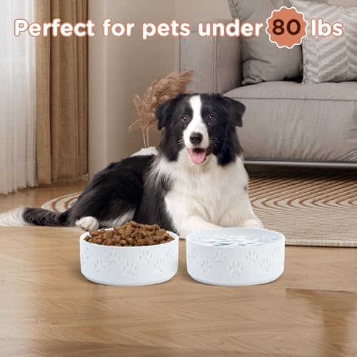 Ceramic Dog Bowls 2 Pack (7.3 in - 5.3 cups / Paw White - Only Bowls*2)