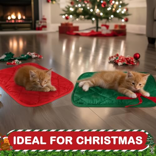 2 Pack Self Heating Cat Mat Self Warming Pet Pads Washable Kennel Mat Dog Crate Pad Reflects Body Heat Non Skid Cat Thermal Pads for Puppy Indoor Outdoor (16 x 20 inches / Red, Green)