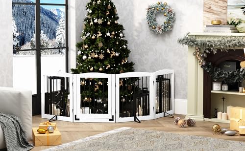 Freestanding Dog Gates with Door Walk Through (4 Panel 32" / White & Black)