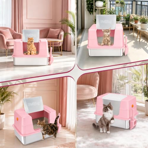 XL Enclosed Stainless Steel Cat Litter Box with Lid (Pink)